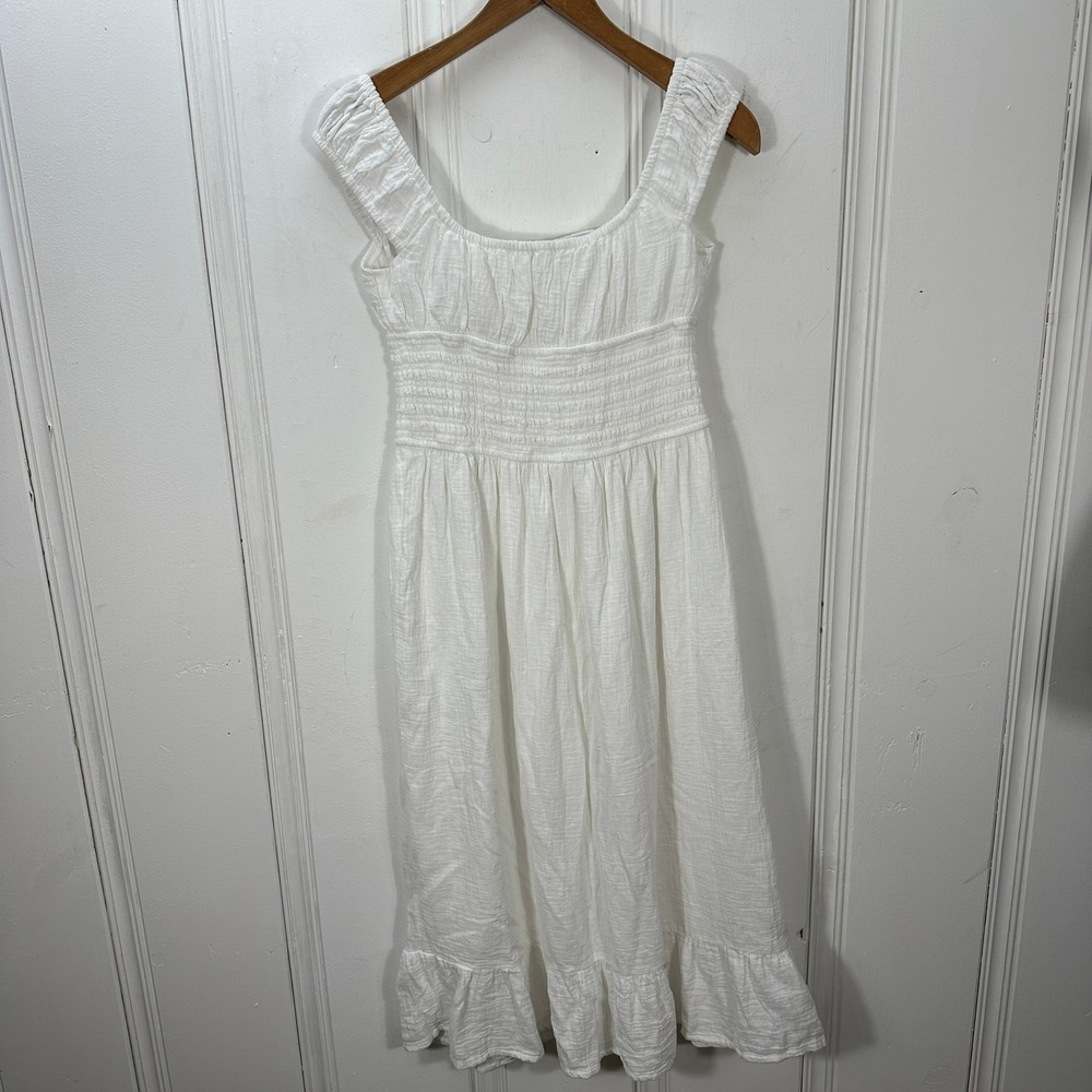 Japna Midi Dress Womens Medium White Ruffle Smocked Cotton Gauze Cottagecore - Picture 3 of 9